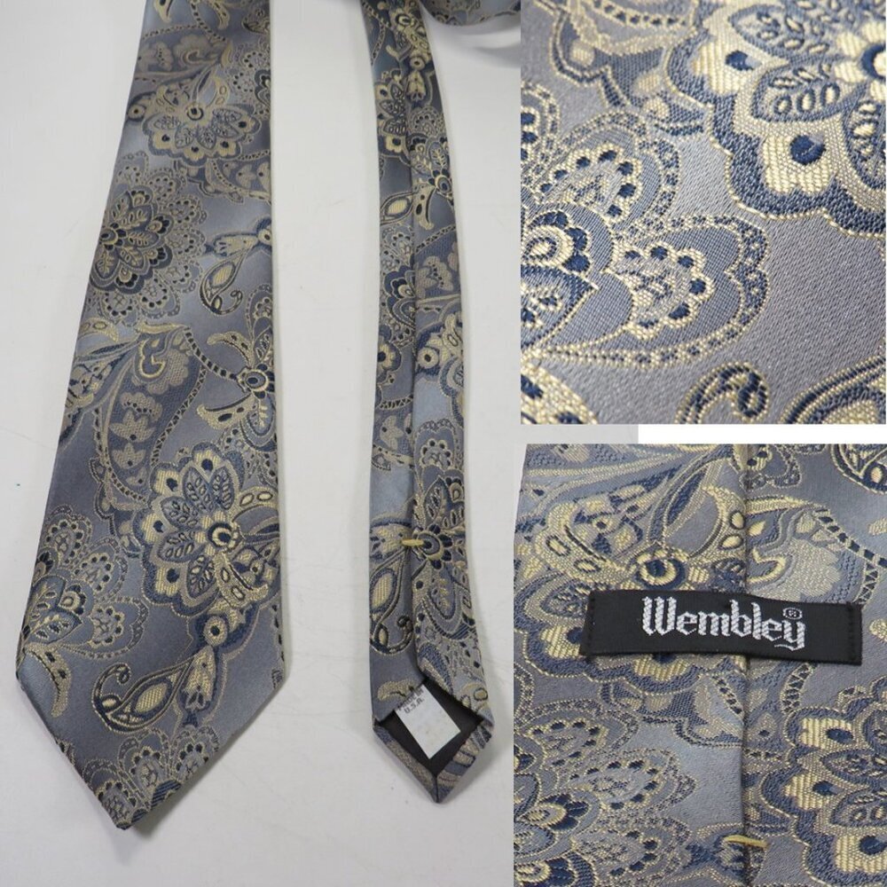 Vintage Gray Brocade w yellow Polyester 3% silk by Wembley USA Necktie